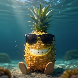 a single delicious pineapple with sunglasses and a big toothy grin sitting underwater, digital art, concept art, trending on DeviantArt, trending on Artstation, high quality, 8K HDR, octane render, unreal engine 5, path tracing, dramatic lighting, cinematic, highly detailed, hyper realistic, medium shot