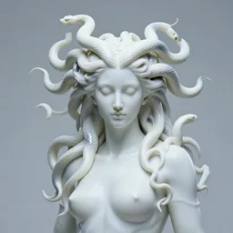 beautiful pale smooth statuesque medusa with white silver snakes coming from her head