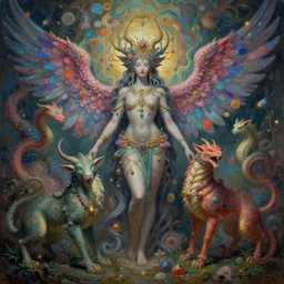 a painting of the spirit of fantastic and mythical creatures by geenss archenti flores, elegant, psychedelia, artstation, concept art, ambient occlusion, intricate, highly detailed, sharp focus,
