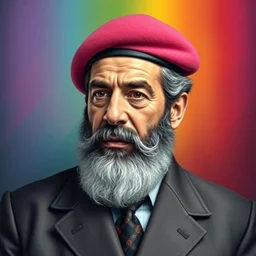 professional portrait of saddam hussein wearing a pink beret, rainbow background, 8 k, very intricate, very detailed,