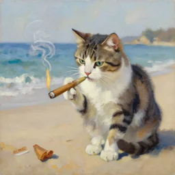 An impressionist oil painting of a cat lighting a cigar on a beach