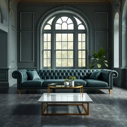 a modern chesterfield couch, indoor room, clean baroque architecture, dark green blue colored, bronze, a couch table, some fresh plants, daylight, peaceful, 8 k octane render