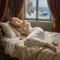 a hyperdetailed matte painting of triss merigold as a princess asleep on a bed in a tower, window overlooking cliffs and crashing waves in the background, highly detailed, deep focus, elegant, digital painting, smooth, sharp focus, ultra realistic, 8 k, art by artgerm and alphonse mucha