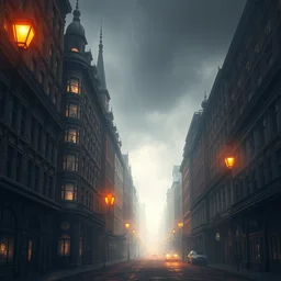 a victorian - era street with tall and intricate buildings, beautiful digital art, filthy, volumetric lighting, thunderstorm, thick smog, orange street lamps, highly detailed, professional