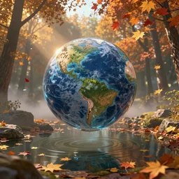 a detailed RPG portrait of an orb floating over a pond in an autumn forest with falling maple leaves by escume, dawn, crepuscular rays, mist, octane render, deviantart