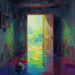 Colorful, creepy landscape painting of detailed interior of a liminal space partially flooded with colored liquid, basement, door ajar, anime key visual by Craig Mullins