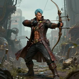 Full body Picture of a Male archer, steampunk, black leahter gloves, leather duffle coat, marked muscles, brown skin, light blue hair, brown eyes, detailed face, combat stance, black denim pants, urban jungle, epic fantasy, city in the background, steampunk, D&D, by artgerm and Craig Mullins, James Jean, Andrey Ryabovichev, Mark Simonetti and Peter Morbacher, matte painting, trending on artstation, artstationHD, artstationHQ, octane, full HD, 16K
