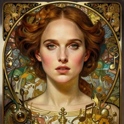 portrait of natalie portman, volumetric lights, feast, music notes, art nouveau botanicals, gothic, intricate, highly detailed, digital painting, artstation, concept art, smooth, sharp focus, symmetric face, illustration, steampunk, art by artgerm and greg rutkowski and alphonse mucha