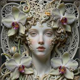 beautiful young orchid fairy detailed realistic porcelain face portrait by jean delville, charlie bowater, iris van herpen and marco mazzoni, art forms of nature by ernst haeckel, art nouveau, symbolist, visionary, gothic, neo - gothic, pre - raphaelite, fractal lace, intricate alien botanical biodiversity, surreality, hyperdetailed ultrasharp octane render