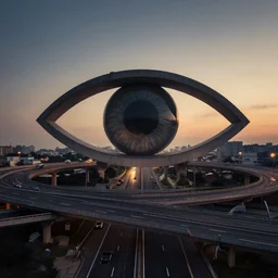 a still from elysium by ian mcque - multiple circular interconnected highway overpass interchange making the shape of a symbolic eye, dramatic lighting, evening above a 4 - lane highway, medium 7 0 mm lens, behance favourite, artstation trending, deviant art,
