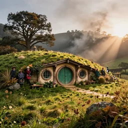a hobbit house in a grass field hill, greg rutkowski, zabrocki, moebius, karlkka, jayison devadas, highly detailed, photorealism, sharp details, autumn sunlights, smoky atmosphere, ( ray of sunlight ), 8 k, ultra wide angle