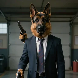 film still of furry anthro anthropomorphic german shepard head animal person fursona wearing clothes a suit and tie standing holding a gun in a garage in an action movie 2020, 4k