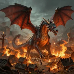 A dragon setting a village on fire, medieval, artstation