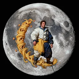 the moon landing remaked with fractals of spaghetti, by giuseppe arcimboldo and ambrosius benson, renaissance, a touch of beksinski, realistic, high definition