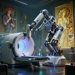 ( cyberpunk 2 0 7 7, bladerunner 2 0 4 9 ), a complex thick bifurcated robotic cnc surgical arm cybernetic symbiosis hybrid mri 3 d printer machine making a bio chemical lab, art by artgerm and greg rutkowski and alphonse mucha, kapton, lens orbs, global illumination, octane render, architectural, f 3 2,