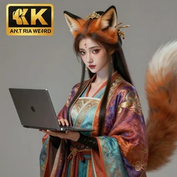 an anthropomorphic beautiful goddess female wizard made of fox portrait holding a portable computer wearing colourful robe, fine art, award winning, intricate, elegant, sharp focus, octane render, hyperrealistic, cinematic lighting, highly detailed, digital painting, 8 k concept art, art by jamie hewlett and z. w. gu, masterpiece, trending on artstation, 8 k