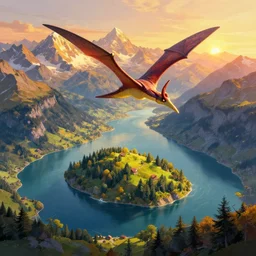 matte painting of beautiful mountain landscape in northern switzerland with an island and pterodactyl, by albert whitlock, amazing details, beautiful composition, vibrant colors, bird eye view, luminescent, warm hue's