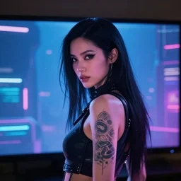 a woman with long black hair and a tattoo on her arm, cyberpunk art by du jin, cgsociety, retrofuturism, movie still, playstation 5 screenshot, futuristic