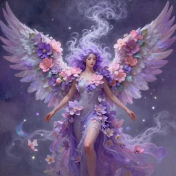 a colorful and provenance portrait painting of a fantasy angel with her huge vibrant and flowers wings spread out gracefully, purple and pink colors ， detailed, highly detailed, hair made of hair made of air wind and curling smoke, mist, dust, genie, flowers, flower, stars, spirit fantasy concept art ， art by charlie bowater and aenami, trending on artstation.