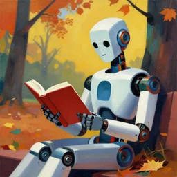 A robot reading a book in a park, autumn, colorful, in the style of Umberto Boccioni