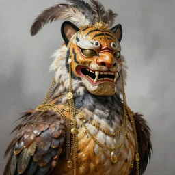 masterful fantastic realist painting an exotic ancient feathered and bejeweled bird wearing an exquisitely and fiercely painted bugaku mask of a tiger, gold chains strung like tinsel, digital painting trending on artstation, viciously blinded, volumetric lighting and mist, cosplay, portrait painting, hyperrealistic, octane render
