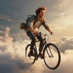 A fancy portrait of a happy man flying in the sky on his bicycle in the clouds, perfect expression, Greg Rutkowski, Maciej Kuciara, 8k photorealistic, volumetric lighting, HD, high details, dramatic, warm atmosphere, trending on artstation