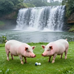 a photograph of two pigs playing golf in the rain waterfall river