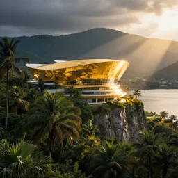 photo of a golden modern museum in palm lush forest on a cliff and mountains in russia next to lake, layers, artificial volumetric lighting, snohetta, norman foster, god sun rays, golden hour atmosphere, moody vibrant dramatic cinematic rendering,