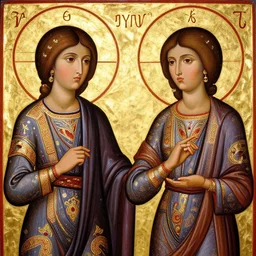 portrait of 2 different asian looking girls looking at each other in iconography style theophanes the greek glitter chinese ornament dress - n 9