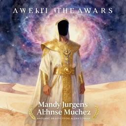 male bedouin warrior with no face, highly detailed, nebula, galaxy, desert, gold filigree, romantic storybook fantasy, soft cinematic lighting, award, disney concept art watercolor illustration by mandy jurgens and alphonse mucha and alena aenami, pastel color palette, featured on artstation