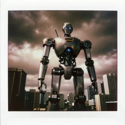 highly detailed robot, dark dystopian city, dramatic clouds, instamatic photo, sepia