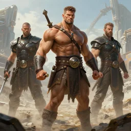 a muscular warrior in a futuristic landsacpe. art by denys tsiperko and greg rutkowski and boris vallejo. detailed, hyperrealism, machismo, 8 k resolution