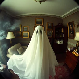 kodak portra 4 0 0, wetplate, 8 mm extreme fisheye, award - winning portrait by britt marling, a haunting ghost in a 1 9 7 0 s room, ghost, picture frames, shining lamps, dust, smoke, 1 9 7 0 s furniture, wallpaper, carpet, books, muted colours, wood, fog,