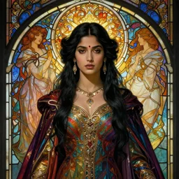 masterpiece head-on symmetrical centered painted portrait, Mahira Khan as a mage, Elden Ring class, black hair, indian, glorious, wearing colourful robes, glowing stained glass backdrop, elegant, in the style of Ruan Jia and Artgerm and Edgar Maxence and Ross Tran and Alphonse Mucha and Ayami Kojima and Charlie Bowater and Greg Rutkowski and Karol Bak and Jean Delville, Art Nouveau, Pre-Raphaelite, Neo-Gothic, gothic, Art Nouveau, rich deep moody colors, 8k, specular highlights, octane render