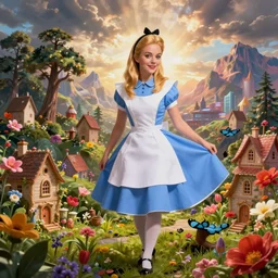 giant alice in wonderland, pin up, houses, trees, mountains, woman, city, digital art, photo, blue dress, photoshop, flowers, colorful