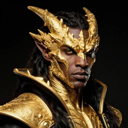 head and shoulders portrait of a black dragonborn, golden phantom of the opera, d & d, high fantasy, by donato giancola, comic book cover