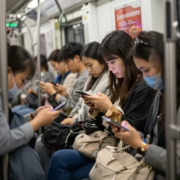 “commuters looking at their cellphones on subway”