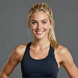 a 1 9 3 0 s ultra - realistic color portrait. happy, healthy, beautiful, smiling, young, sporty, blonde, blue - eyed woman in decent athletic wear. hyper - realistic detailed drawing
