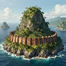 skull Island, wooden fortress wall on a tropical island with ruff shore cliffs,landscape, raphael lacoste, eddie mendoza, alex ross, john howe, concept art, matte painting, highly detailed, rule of thirds, dynamic lighting, cinematic, detailed, denoised, centerd, clean render