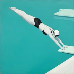 acrylic painting on wood of a woman wearing a swimming cap diving from a high diving board into a pool. the pool is out of frame. teal, white, black and grayscale. simple. flat. vintage, mid - century modern. mid - drive, in the air, fully body, anatomically correct by edward hopper