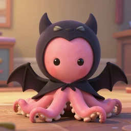 cute octopus plush wearing a bat poncho, with bat wing arms, by sergio pablos, real, animation, pink, yellow, movie screenshot