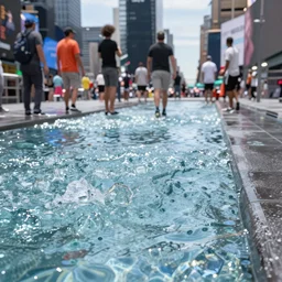 Times Square flooded with crystal clear water on a sunny day, 4K photo