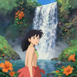 an epic makoto shinkai and renoir landscape with a hawaiian waterfall, orange flowers, 🌺, a beautiful woman, ultra smooth, octane render, lois van baarle, ilya kuvshinov