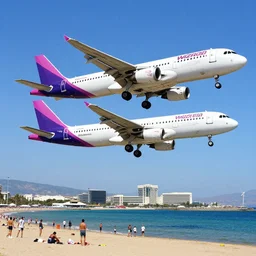 ancient egyptian painting of a wizzair airbus a 3 2 1 - neo landing at skiathos airport, low over the heads of the people on the beach