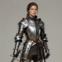 Ellie from the Last of Us as a medieval knight, wearing a suit of armour, holding a sword, digital portrait by Greg Rutkowski, intricate, sharp focus, cinematic, epic, artstation