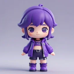 portrait of a anime and chibi very cute doll with purple jacket design by xkung work, nendoroid, kawaii, cyberpunk fashion, character modeling, maximalist sculpted design, toy design, substance 3 d painter, vray, soft vinyl, trending in artstation
