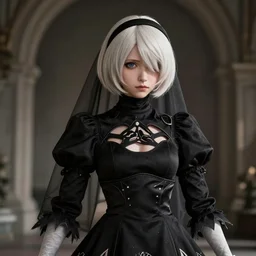 Hyperrealistic beautiful portrait of 2B, nier automata, black bride dress, 8k, Octane Render, cinematic lighting