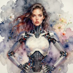 watercolor portrait of beautiful cyborg woman in cyborg clothes,, romantisism, outrun, pastel flowers, painting, dramatic, detailed, by android jones and jasmin beckett griffith