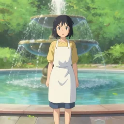 a full body portrait of a young woman wearing a white apron standing in front of a fountain in a park, makoto shinkai,  james gilleard, very detailed, matte, gaussian blur, tone mapped William-Adolphe, photo taken with Sony a7R