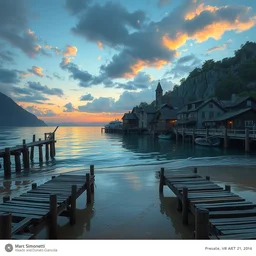 a fisher village on an island, wood piers on the beach, scenic view, sunset, matte painting by marc simonetti and rhads and donato giancola, trending on artstation